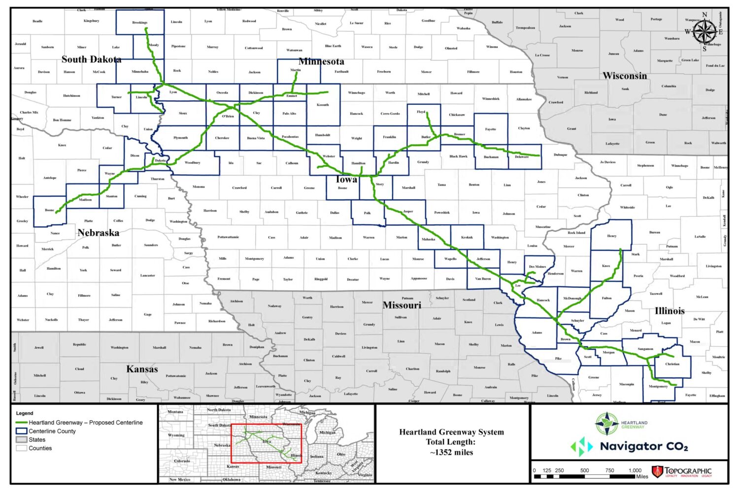 The route of the proposed Heartland Greenway pipeline. Map courtesy of Navigator CO2