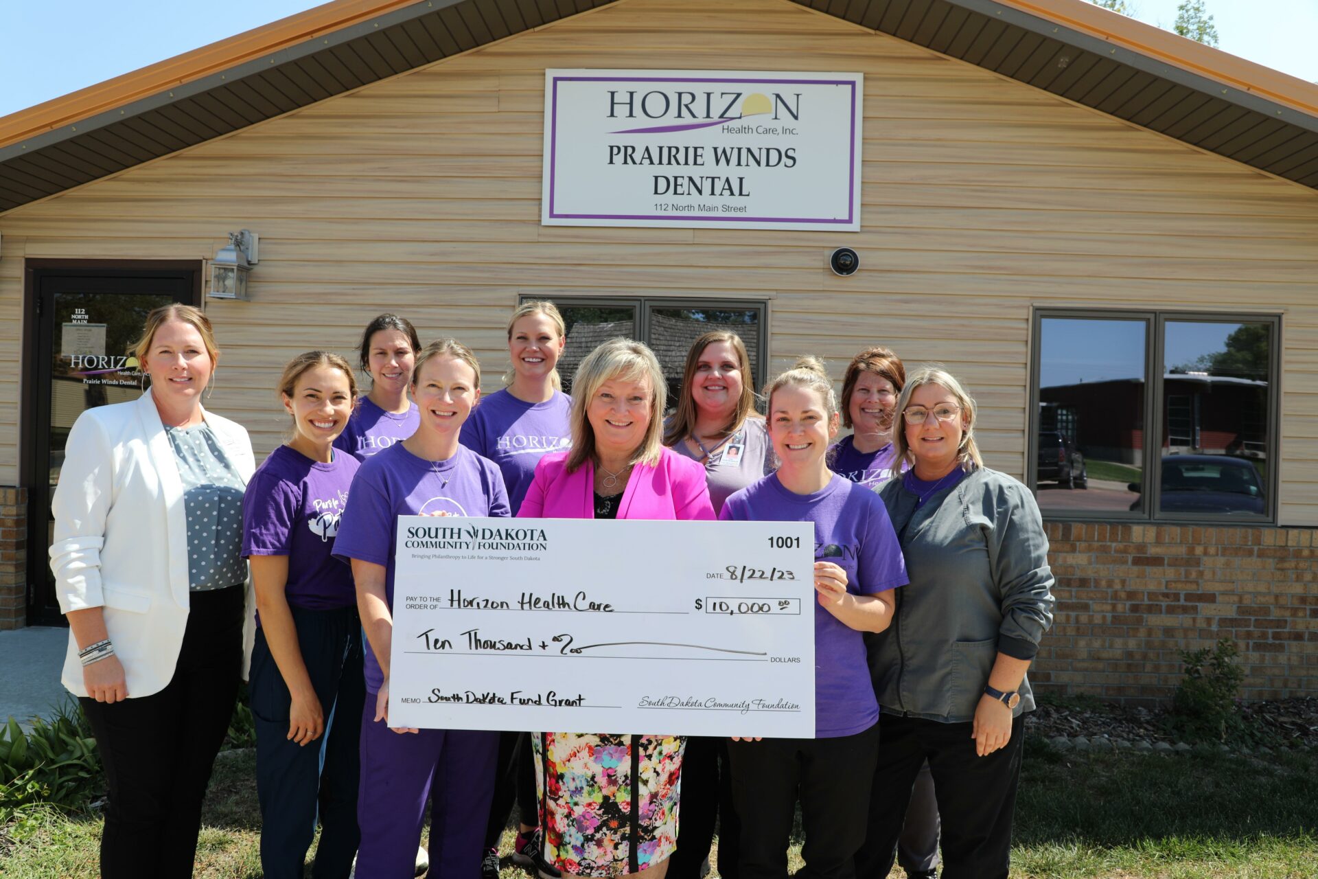 The South Dakota Community Foundation donated $10,000 to the Horizon Health Foundation as a matching gift to support Horizon Health Care’s Smiles for Miles program. Pictured, from left, are Horizon Health Foundation Executive Director Tracy Pardy; Erin Briggs a dentist,; Kaitlyn Hodges, Horizon Health Care chief dental officer; Michelle Scholtz, a dentist; Shawna Schwader; South Dakota Community Foundation Senior Program Officer Ginger Niemann; Amy Mentele; Megan Palmquist, a registered dental hygienist; Holly Litterick; and Sara Rus. The Smiles for Miles program, administered by Horizon Health Care and the Horizon Health Foundation, provides free preventative dental care to children under 5. Horizon Health has an office in Aberdeen. Courtesy photo