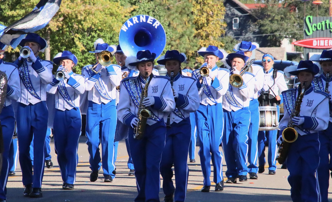 The Warner marching band makes its way down Main Street during Northern's homecoming parade on Oct. 7, 2023. Aberdeen Insider photo by Elisa Sand