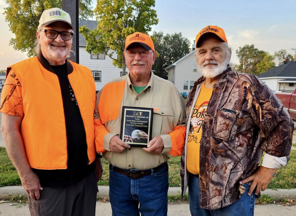 The Disabled American Veterans presented the Great Plains Outdoorsmen with an appreciation plaque for their continuing support in giving veterans a day for pheasant hunting. Pictured, from left, are Ron Linder, Rod Eisenbeisz and Mark Wolf. Courtesy photo