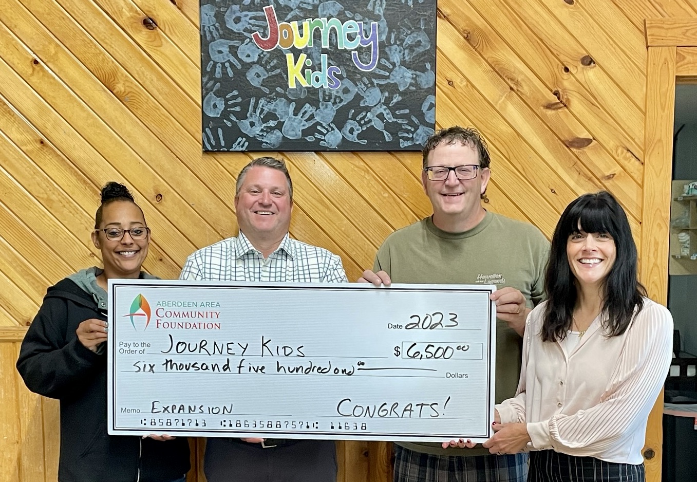 Journey Church’s Journey Kids Daycare Program received $6,500 for expansions in its program. Pictured, from left, are Nicole Phillips, Journey Kids director; Heath Johnson, Aberdeen Area Community Foundation chairman; Devin Hebeisen, Journey Church pastor; and Megan Biegler, Aberdeen Area Community Foundation vice chairwoman. Courtesy photo