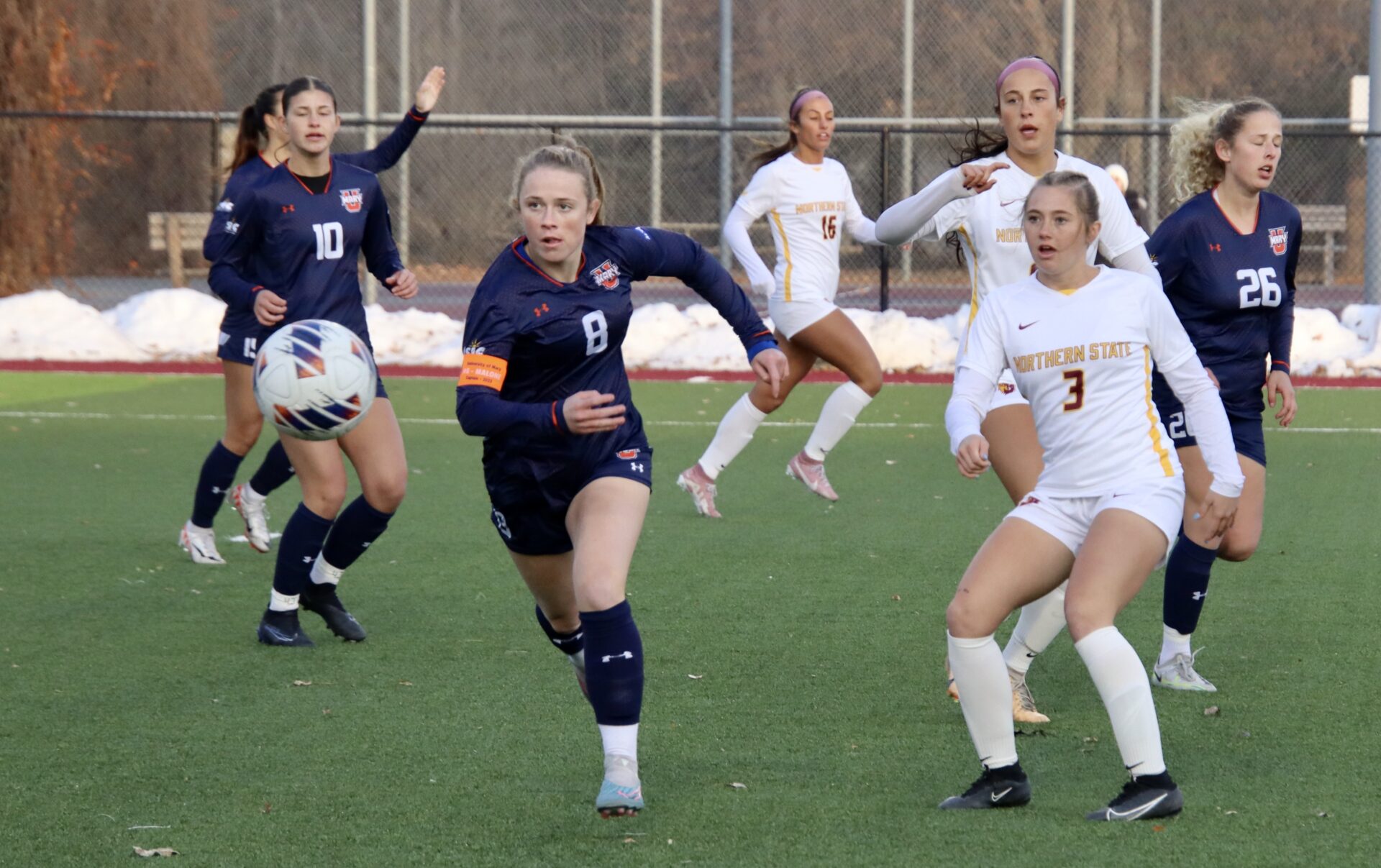 The University of Mary's Mo Malone, left, approaches the ball during a Thursday, Nov. 2 women's soccer game against Northern State. To the right of Malone is Chloe Voss of the Wolves. Northern won the game, but the Marauders won a rematch on Monday, Nov. 6 in the Northern Sun Intercollegiate Conference semifinals. Aberdeen Insider photo by Scott Waltman